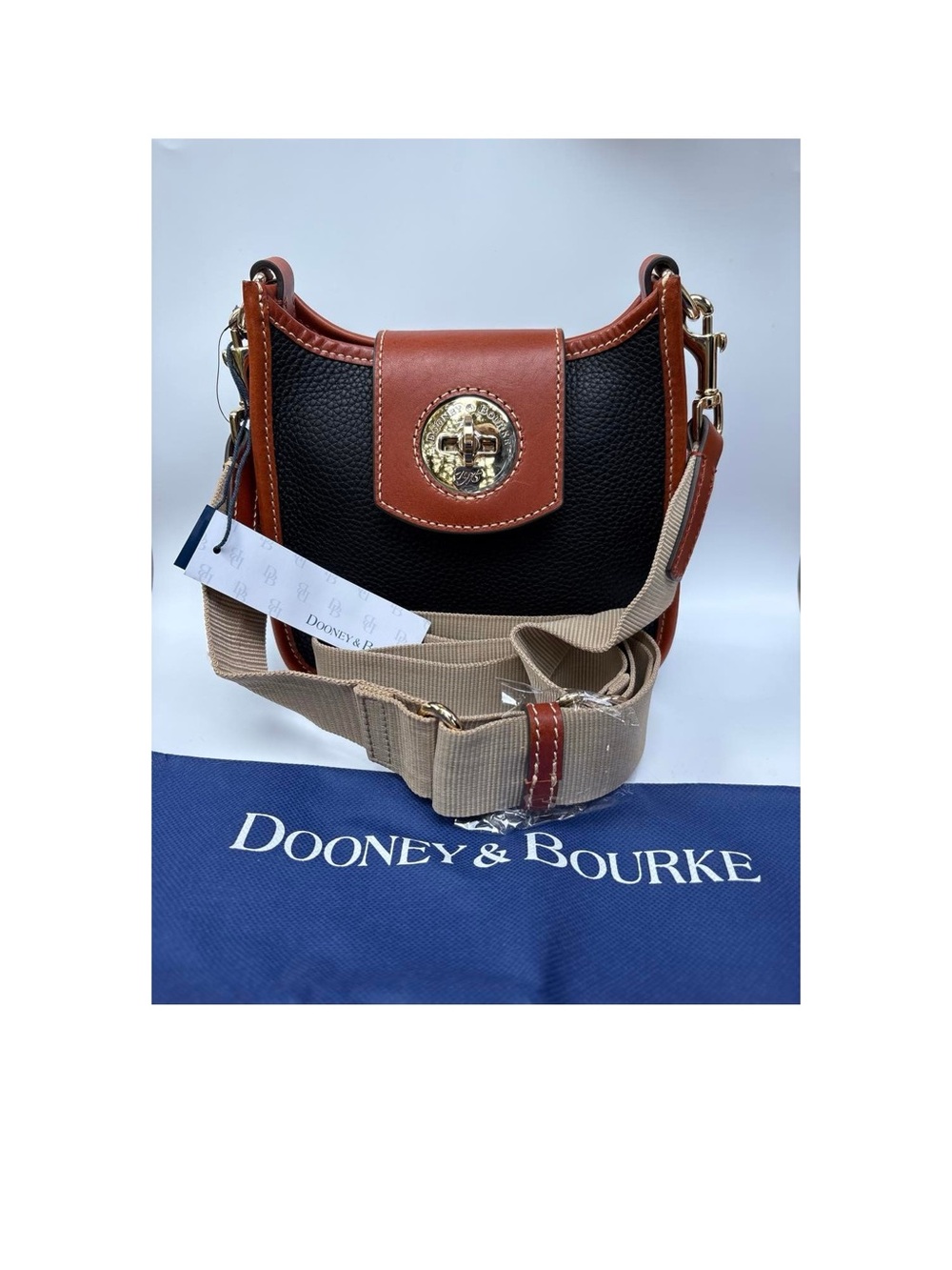 Dooney & Bourke Pebble Turnlock Crossbody Black Tan NWT Dust Bag